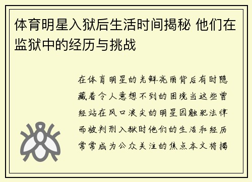 体育明星入狱后生活时间揭秘 他们在监狱中的经历与挑战