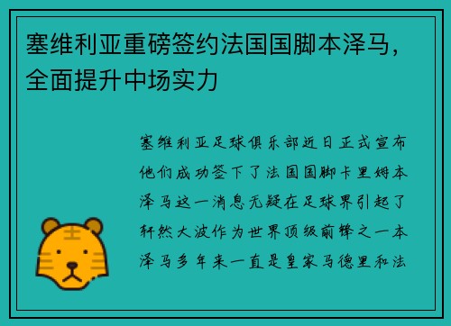 塞维利亚重磅签约法国国脚本泽马，全面提升中场实力