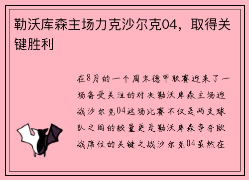 勒沃库森主场力克沙尔克04，取得关键胜利